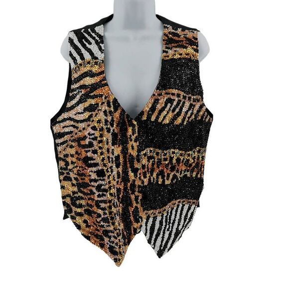 Vintage Beaded & Sequin Animal Print Vest | Mixed Zebra & Leopard Motif - Picture 1 of 3